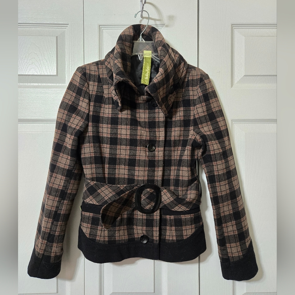 Plaid Wool Blend Belted Jacket with Pockets, Size Small, Fully Lined, Like New